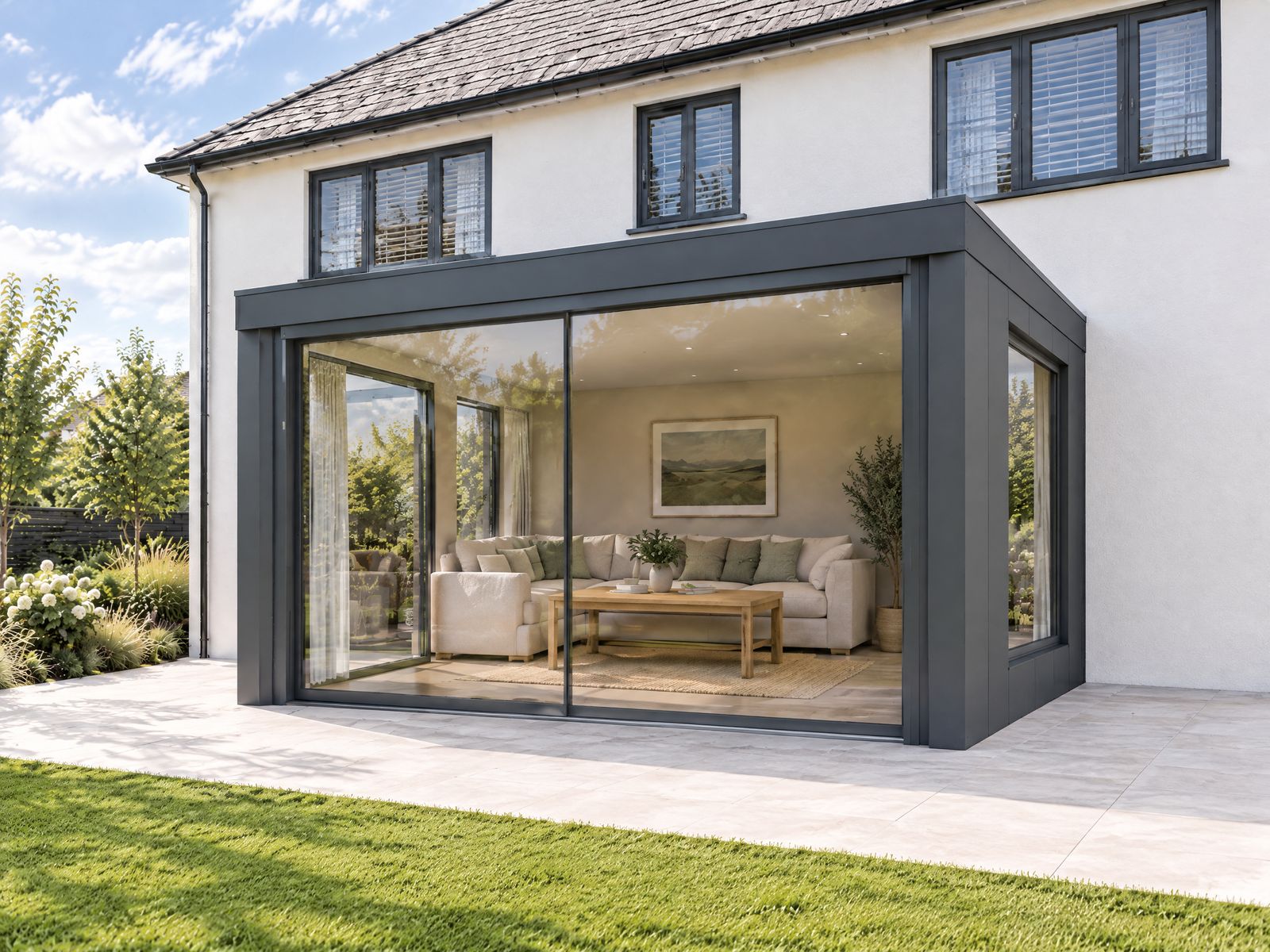 Insulated garden room with glass doors across the front