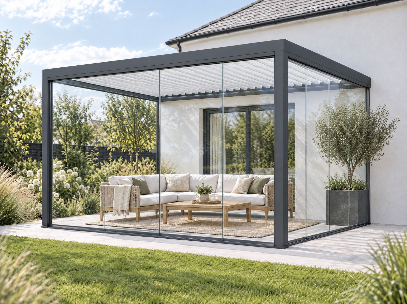 Glass room with sliding glass on every open side